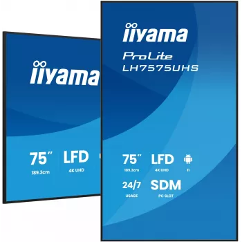 iiyama LH7575UHS-B2AG Skelbimų ekranas Skaitmeninių skelbimų plokščiasis ekranas 190,5 cm (75 col.) LCD Wi-Fi 500 cd/m² 4K Ultra HD Juodas Integruotas procesorius Android 11 24/7