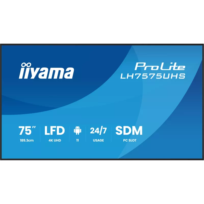 iiyama LH7575UHS-B2AG Skelbimų ekranas Skaitmeninių skelbimų plokščiasis ekranas 190,5 cm (75 col.) LCD Wi-Fi 500 cd/m² 4K Ultra HD Juodas Integruotas procesorius Android 11 24/7