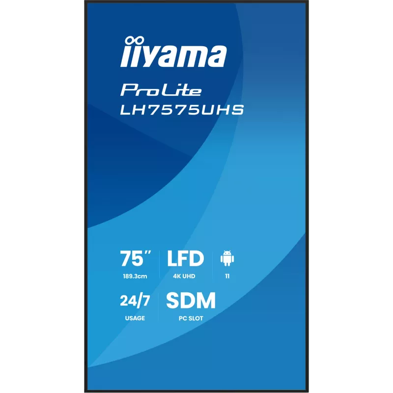 iiyama LH7575UHS-B2AG Skelbimų ekranas Skaitmeninių skelbimų plokščiasis ekranas 190,5 cm (75 col.) LCD Wi-Fi 500 cd/m² 4K Ultra HD Juodas Integruotas procesorius Android 11 24/7