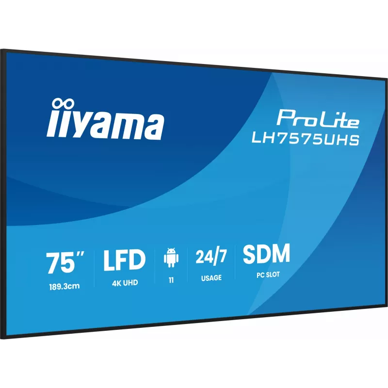 iiyama LH7575UHS-B2AG Skelbimų ekranas Skaitmeninių skelbimų plokščiasis ekranas 190,5 cm (75 col.) LCD Wi-Fi 500 cd/m² 4K Ultra HD Juodas Integruotas procesorius Android 11 24/7