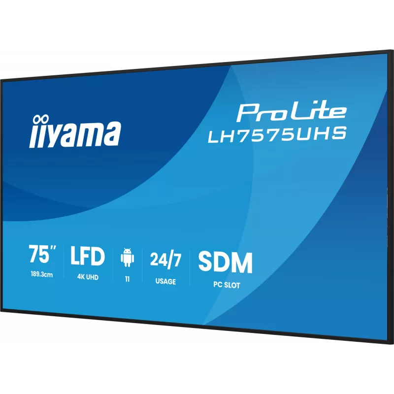 iiyama LH7575UHS-B2AG Skelbimų ekranas Skaitmeninių skelbimų plokščiasis ekranas 190,5 cm (75 col.) LCD Wi-Fi 500 cd/m² 4K Ultra HD Juodas Integruotas procesorius Android 11 24/7