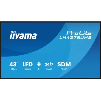 „iiyama LH4375UHS-B2AG“ reklaminis ekranas Skaitmeninės reklamos plokščiasis ekranas 108 cm (42,5 colio) LCD Wi-Fi 500 cd/m² 4K Ultra HD Juodas Įmontuotas procesorius Android 11 24/7