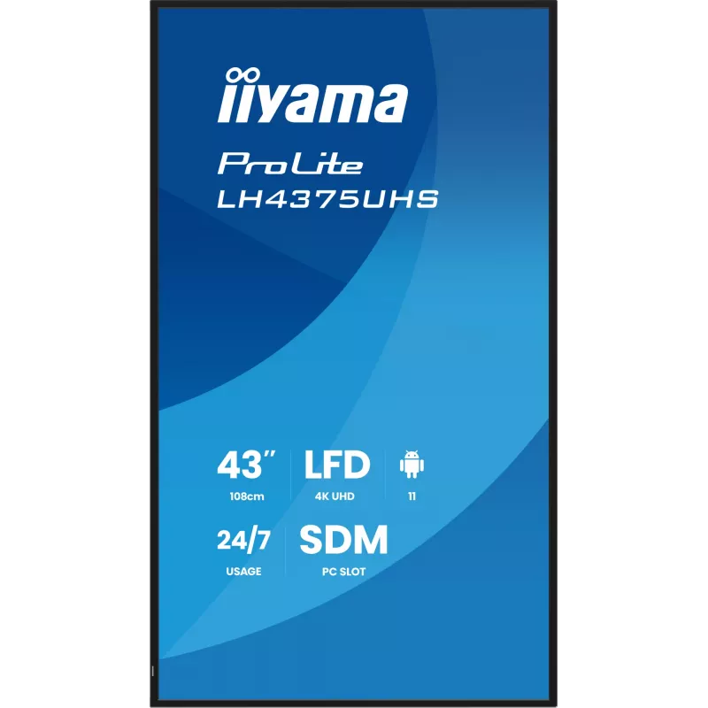 „iiyama LH4375UHS-B2AG“ reklaminis ekranas Skaitmeninės reklamos plokščiasis ekranas 108 cm (42,5 colio) LCD Wi-Fi 500 cd/m² 4K Ultra HD Juodas Įmontuotas procesorius Android 11 24/7