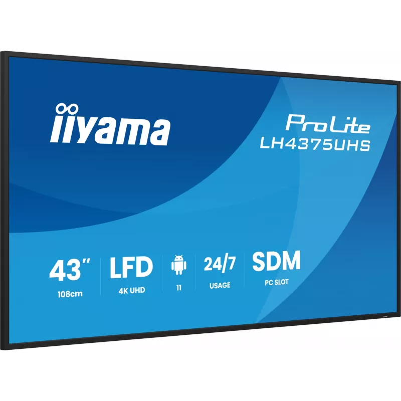 „iiyama LH4375UHS-B2AG“ reklaminis ekranas Skaitmeninės reklamos plokščiasis ekranas 108 cm (42,5 colio) LCD Wi-Fi 500 cd/m² 4K Ultra HD Juodas Įmontuotas procesorius Android 11 24/7