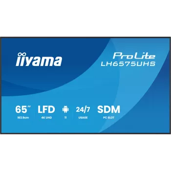 „iiyama LH6575UHS-B2AG“ reklaminis ekranas Skaitmeninės reklamos plokščiasis ekranas 163,8 cm (64,5 colio) LCD Wi-Fi 500 cd/m² 4K Ultra HD Juodas Integruotas procesorius Android 11 24/7