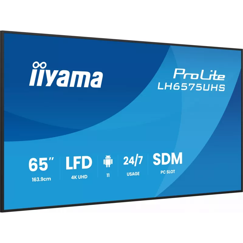 „iiyama LH6575UHS-B2AG“ reklaminis ekranas Skaitmeninės reklamos plokščiasis ekranas 163,8 cm (64,5 colio) LCD Wi-Fi 500 cd/m² 4K Ultra HD Juodas Integruotas procesorius Android 11 24/7