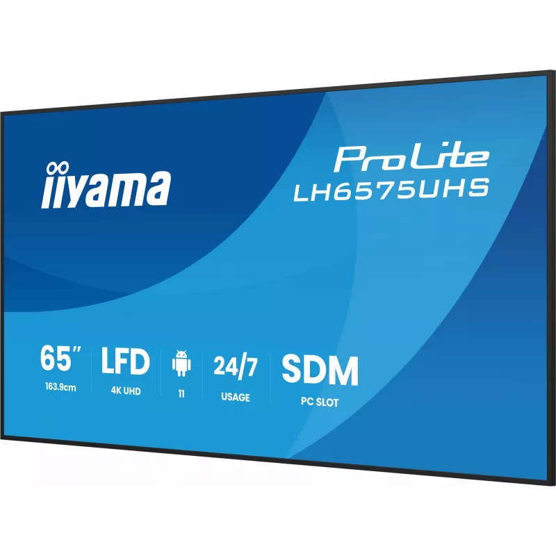 „iiyama LH6575UHS-B2AG“ reklaminis ekranas Skaitmeninės reklamos plokščiasis ekranas 163,8 cm (64,5 colio) LCD Wi-Fi 500 cd/m² 4K Ultra HD Juodas Integruotas procesorius Android 11 24/7