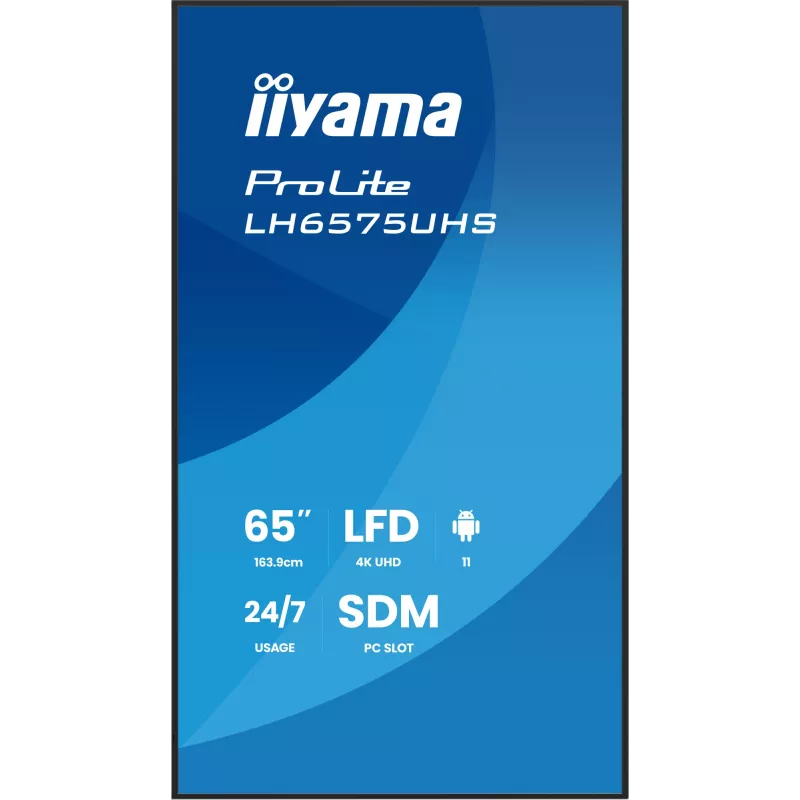 „iiyama LH6575UHS-B2AG“ reklaminis ekranas Skaitmeninės reklamos plokščiasis ekranas 163,8 cm (64,5 colio) LCD Wi-Fi 500 cd/m² 4K Ultra HD Juodas Integruotas procesorius Android 11 24/7