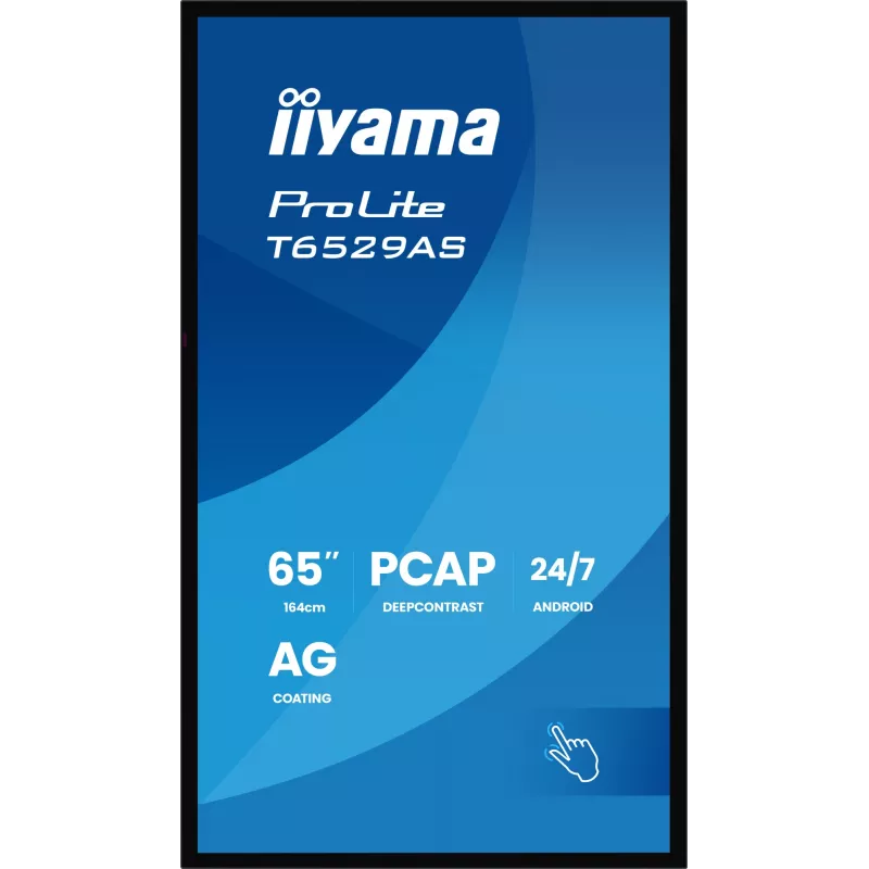 „iiyama T6529AS-B1AG“ reklaminis ekranas kiosko dizainas 163,8 cm (64,5 colio) LED Wi-Fi 420 cd/m² 4K Ultra HD juodas jutiklinis ekranas su integruotu procesoriumi Android 24/7