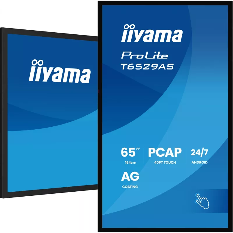 „iiyama T6529AS-B1AG“ reklaminis ekranas kiosko dizainas 163,8 cm (64,5 colio) LED Wi-Fi 420 cd/m² 4K Ultra HD juodas jutiklinis ekranas su integruotu procesoriumi Android 24/7