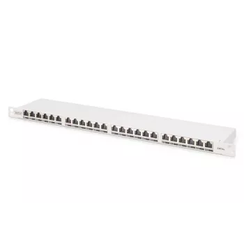 DIGITUS skydinis pultas CAT6A EA ekranuotas, 24 prievadų RJ45 dulkių dangteliai, 8P8C, 0,5U, pilka RAL 7035