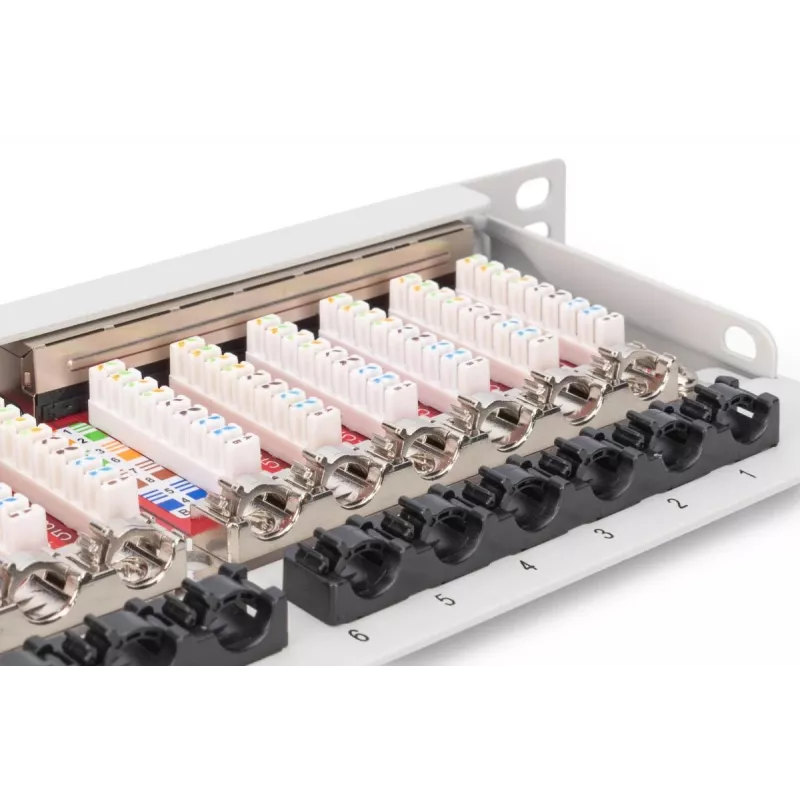 DIGITUS skydinis pultas CAT6A EA ekranuotas, 24 prievadų RJ45 dulkių dangteliai, 8P8C, 0,5U, pilka RAL 7035