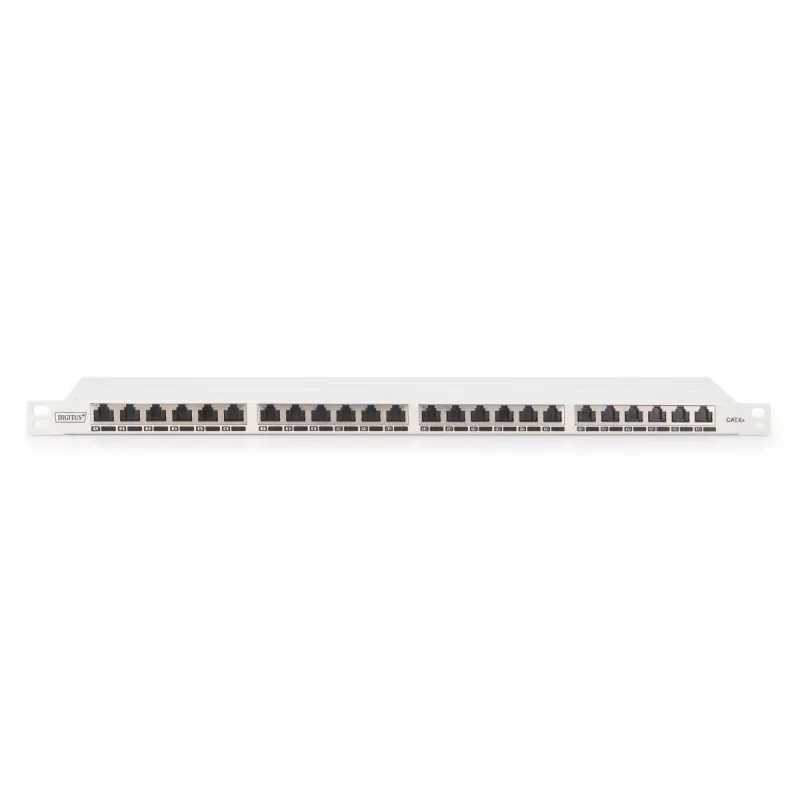 DIGITUS skydinis pultas CAT6A EA ekranuotas, 24 prievadų RJ45 dulkių dangteliai, 8P8C, 0,5U, pilka RAL 7035