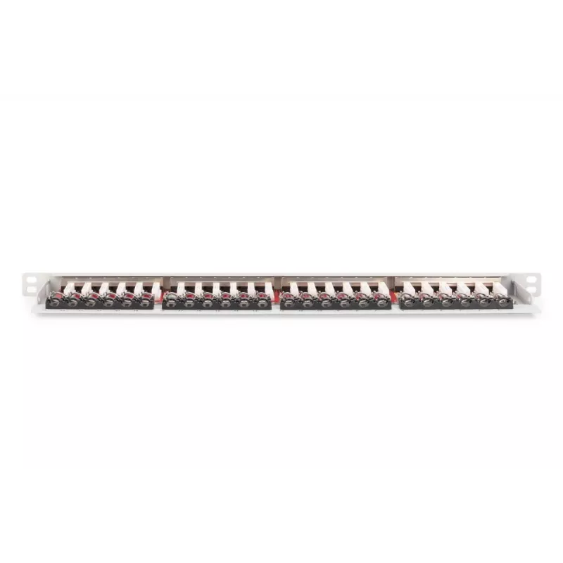 DIGITUS skydinis pultas CAT6A EA ekranuotas, 24 prievadų RJ45 dulkių dangteliai, 8P8C, 0,5U, pilka RAL 7035
