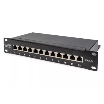 DIGITUS CAT6A pataisų skydelis, ekranuotas, 12 prievadų etikečių laukas, 1U, 10 colių montavimui stove, juodas RAL 9005