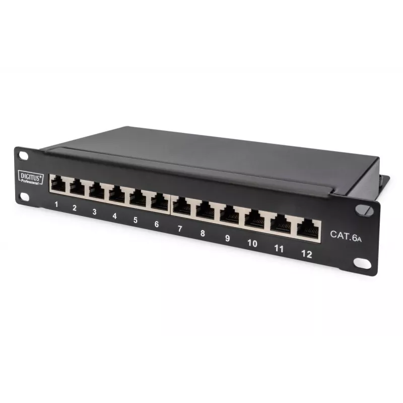 DIGITUS CAT6A pataisų skydelis, ekranuotas, 12 prievadų etikečių laukas, 1U, 10 colių montavimui stove, juodas RAL 9005
