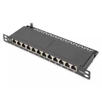 DIGITUS CAT6A pataisų skydas, ekranuotas, 12 prievadų 1/2U, 10 colių montavimas ant stovo, juoda RAL 9005