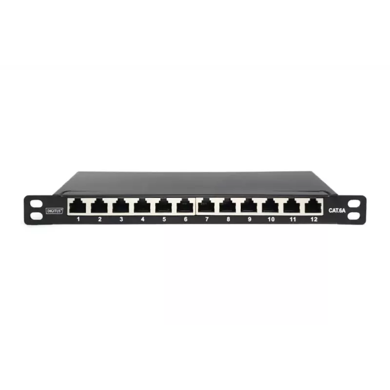 DIGITUS CAT6A pataisų skydas, ekranuotas, 12 prievadų 1/2U, 10 colių montavimas ant stovo, juoda RAL 9005