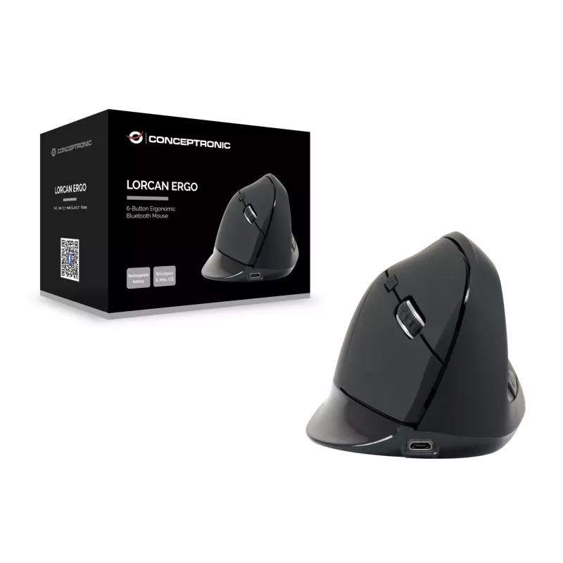 Conceptronic LORCAN ERGO 6 mygtukų ergonominė Bluetooth pelė, dešiniarankiams, vertikalus dizainas, optinė, Bluetooth, 1600 DPI, juoda