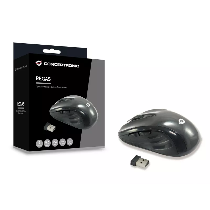 Conceptronic CLLM5BTRVWL 6 mygtukų belaidė kelioninė pelė, dešiniarankiams, optinė, RF belaidė, 1600 DPI, juoda