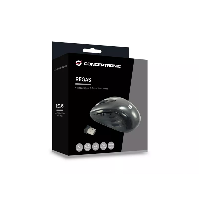 Conceptronic CLLM5BTRVWL 6 mygtukų belaidė kelioninė pelė, dešiniarankiams, optinė, RF belaidė, 1600 DPI, juoda