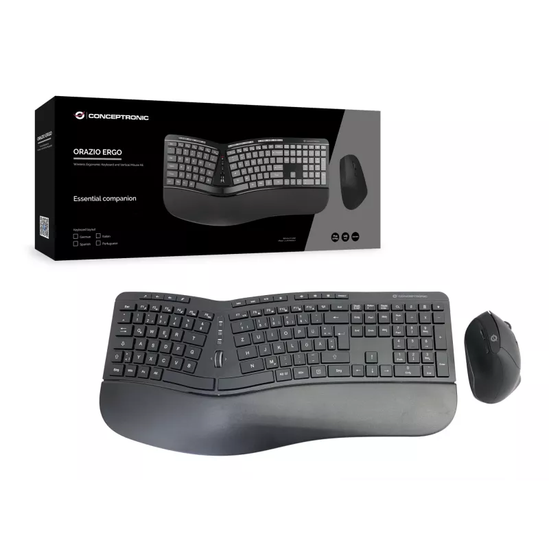 Conceptronic ORAZIO ERGO belaidė ergonominė klaviatūra ir pelės rinkinys, vokiškas išdėstymas