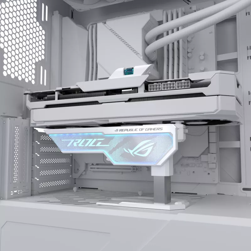 Grafikos kortelės laikiklis ASUS ROG Herculx Universal White — 0,5 m ilgio, palaiko 1 GPU, įvairiaspalvis apšvietimas