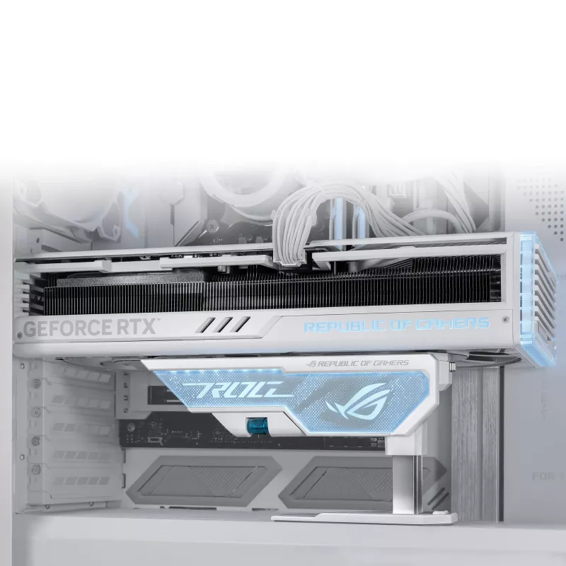 Grafikos kortelės laikiklis ASUS ROG Herculx Universal White — 0,5 m ilgio, palaiko 1 GPU, įvairiaspalvis apšvietimas