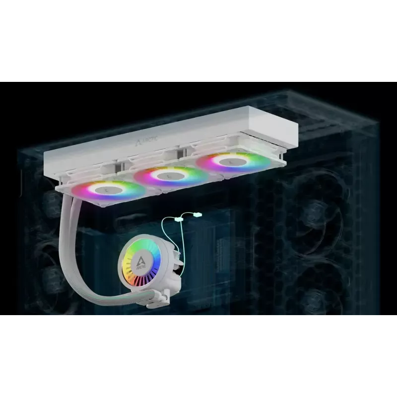 Vieningas procesoriaus skysčinis aušintuvas Arctic Liquid Freezer III Pro 420 A-RGB (baltas) — 140 mm ventiliatoriai, keli lizdai LGA1700/AM4/AM5
