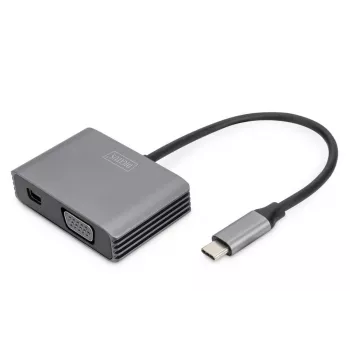 DIGITUS USB-C - mini DP + VGA adapteris, 20 cm 4K/30Hz, sidabrinis, aliuminio korpusas