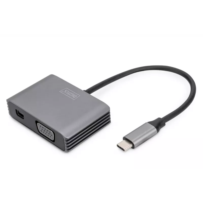 DIGITUS USB-C - mini DP + VGA adapteris, 20 cm 4K/30Hz, sidabrinis, aliuminio korpusas