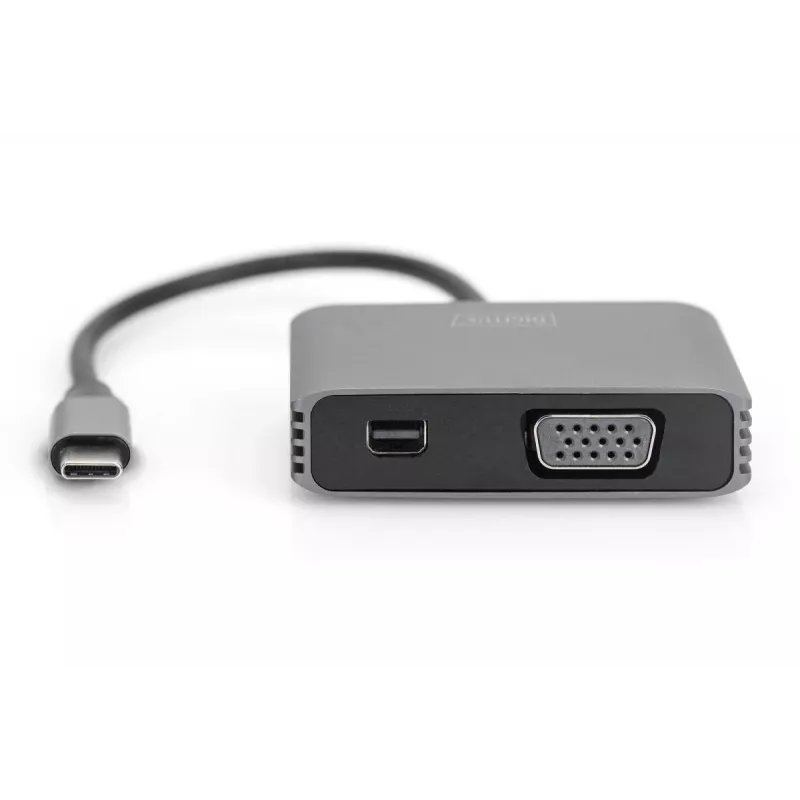 DIGITUS USB-C - mini DP + VGA adapteris, 20 cm 4K/30Hz, sidabrinis, aliuminio korpusas