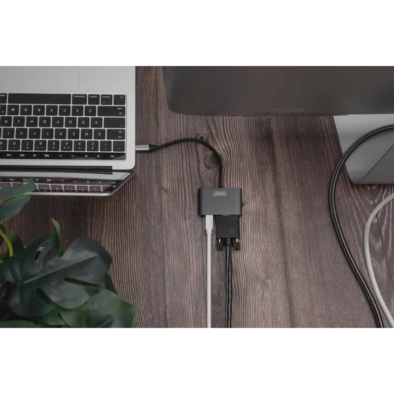 DIGITUS USB-C - mini DP + VGA adapteris, 20 cm 4K/30Hz, sidabrinis, aliuminio korpusas