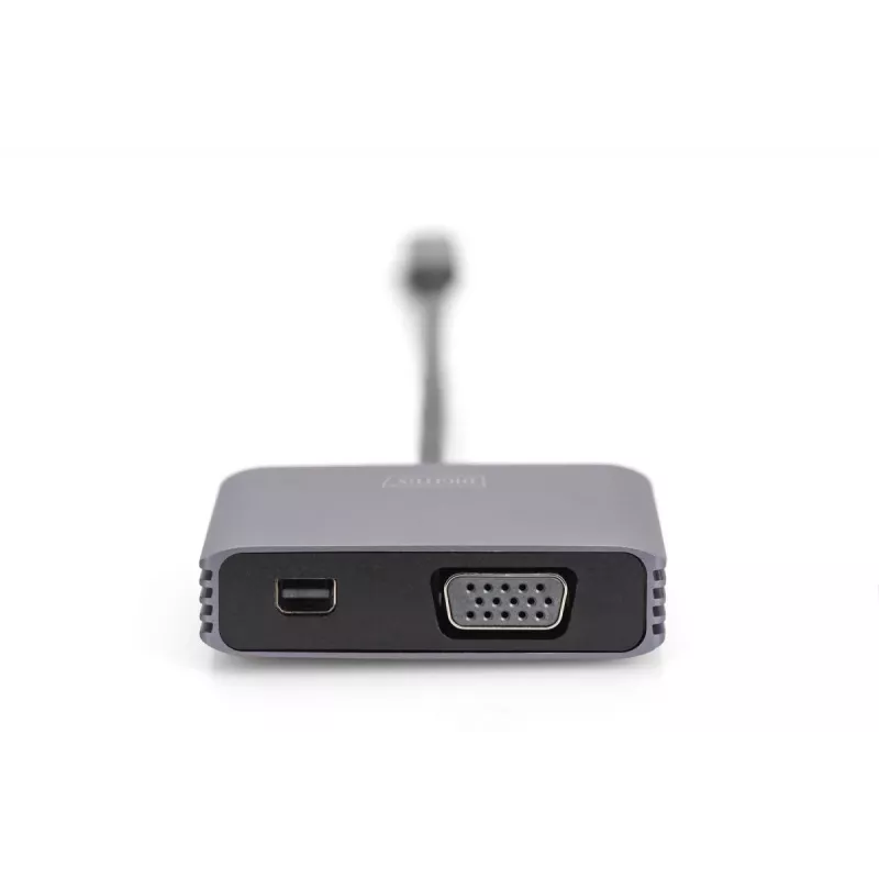 DIGITUS USB-C - mini DP + VGA adapteris, 20 cm 4K/30Hz, sidabrinis, aliuminio korpusas