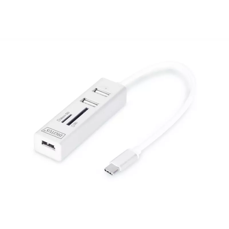 DIGITUS USB 2.0 Type C HUB su kortelių skaitytuvu 3x USB 2.0. 1x SD, 1x MicroSD prievadas Aliumininis korpusas
