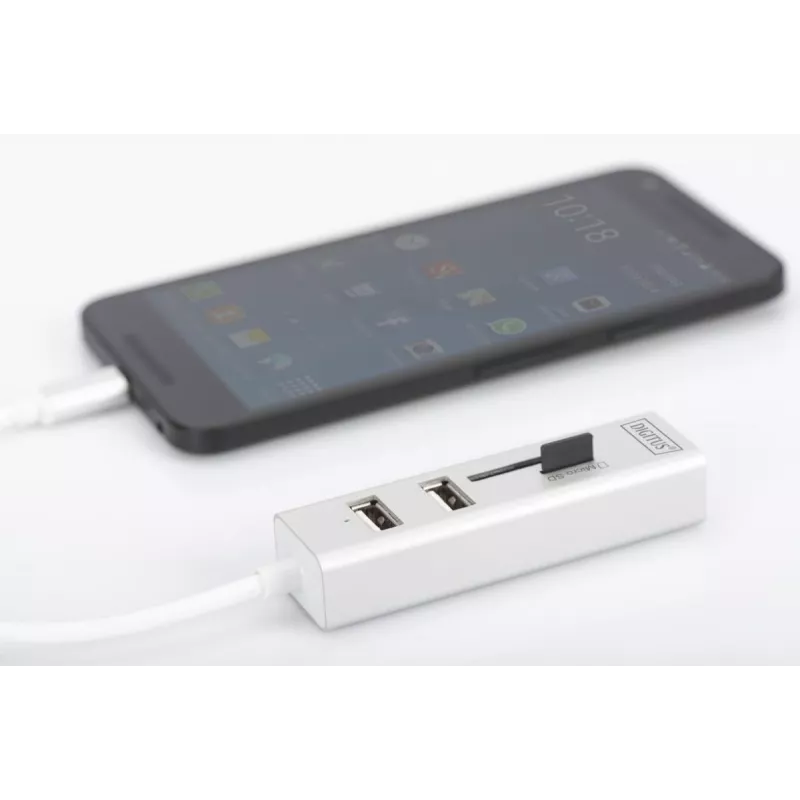 DIGITUS USB 2.0 Type C HUB su kortelių skaitytuvu 3x USB 2.0. 1x SD, 1x MicroSD prievadas Aliumininis korpusas