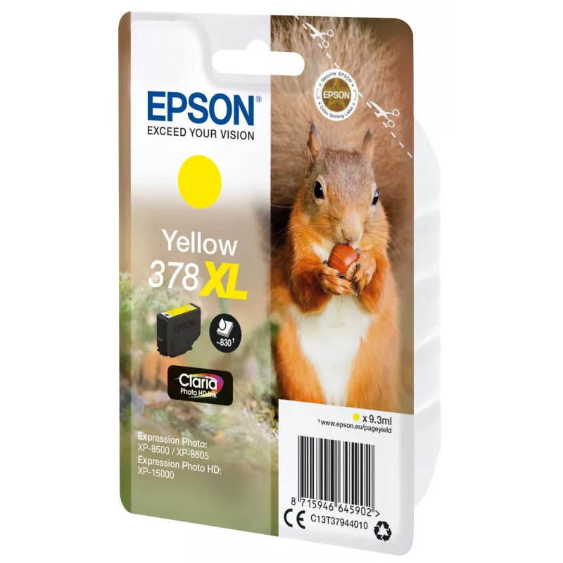 “Epson Squirrel” vienos pakuotės geltonas 378XL Claria Photo HD rašalas, didelio našumo (XL), geltonas, pigmentinis rašalas, 9,3 ml, 1 vnt., 830 puslapių
