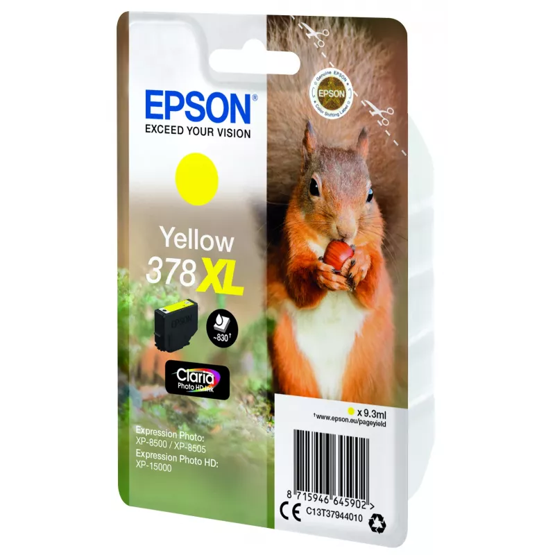 “Epson Squirrel” vienos pakuotės geltonas 378XL Claria Photo HD rašalas, didelio našumo (XL), geltonas, pigmentinis rašalas, 9,3 ml, 1 vnt., 830 puslapių