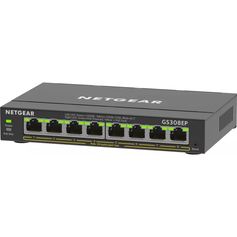 NETGEAR 8 prievadų Gigabit Ethernet PoE+ Plus komutatorius (GS308EP) valdomas L2/L3 Gigabit Ethernet (10/100/1000) maitinimas per Ethernet (PoE) juodas