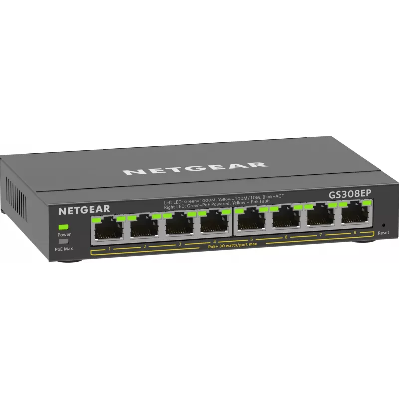 NETGEAR 8 prievadų Gigabit Ethernet PoE+ Plus komutatorius (GS308EP) valdomas L2/L3 Gigabit Ethernet (10/100/1000) maitinimas per Ethernet (PoE) juodas