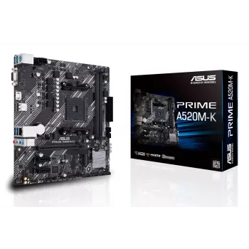 Motininė plokštė ASUS PRIME A520M-K, AMD A520 mikroschemų rinkinys, Socket AM4, micro ATX, 2x DDR4, 64 GB, 1x M.2, 4x SATA III, HDMI 2.1