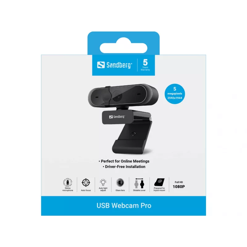 Sandberg USB Webcam Pro, 5 MP, 2592 x 1944 pikseliai, Full HD, 30 fps, 1920x1080@30fps, 2595x1944@30fps, 1080p