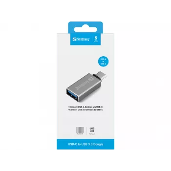 Sandberg USB-C į USB 3.0 adapteris, USB 3.2 Gen 1 (3.1 Gen 1) Type-C, USB 3.2 Gen 1 (3.1 Gen 1) Type-A, sidabrinis, aliuminis, 5 g, 80 mm