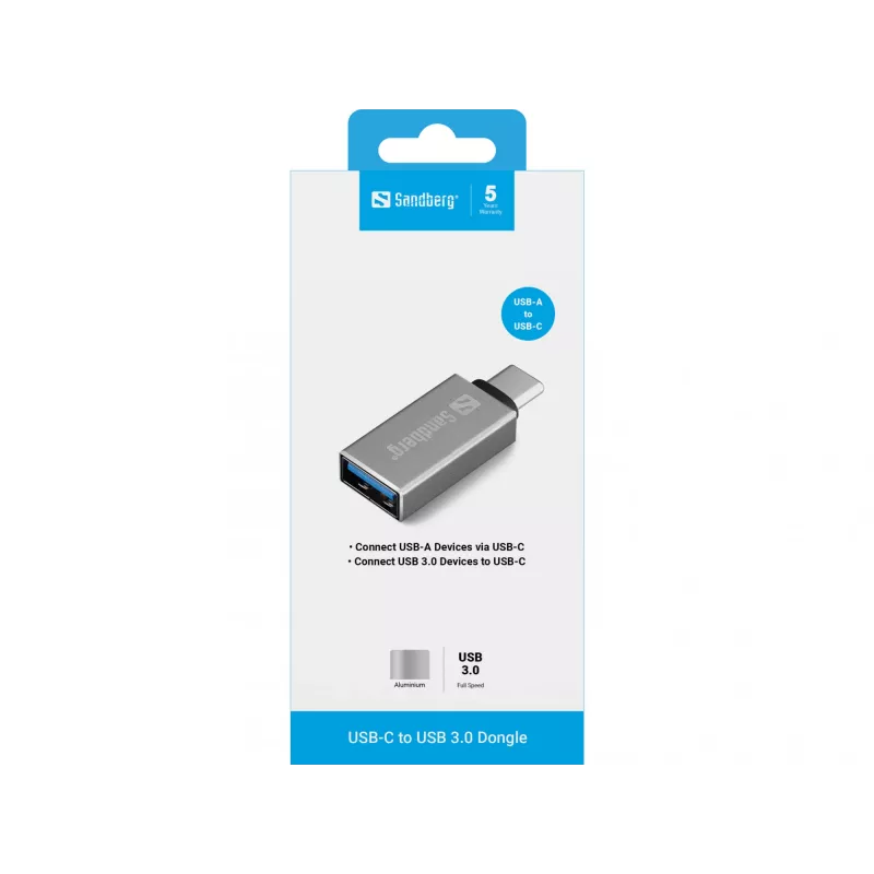 Sandberg USB-C į USB 3.0 adapteris, USB 3.2 Gen 1 (3.1 Gen 1) Type-C, USB 3.2 Gen 1 (3.1 Gen 1) Type-A, sidabrinis, aliuminis, 5 g, 80 mm