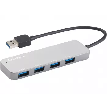Sandberg USB 3.0 šakotuvas 4 prievadų SAVER, USB 3.2 Gen 1 (3.1 Gen 1) Type-A, USB 3.2 Gen 1 (3.1 Gen 1) Type-A, 5000 Mbit/s, sidabrinis, aliuminis, 40 g