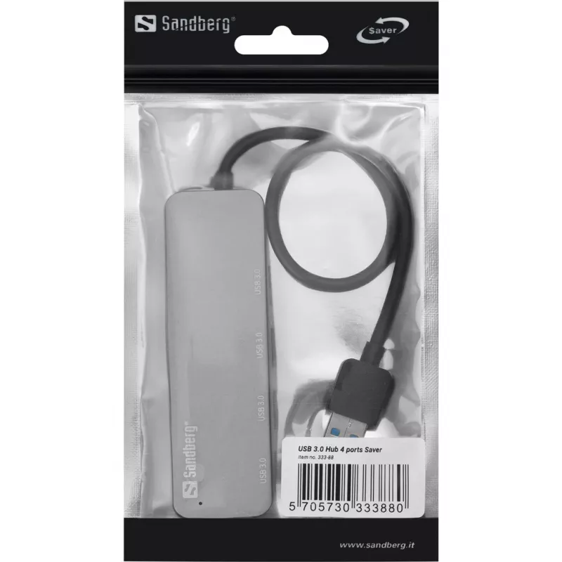 Sandberg USB 3.0 šakotuvas 4 prievadų SAVER, USB 3.2 Gen 1 (3.1 Gen 1) Type-A, USB 3.2 Gen 1 (3.1 Gen 1) Type-A, 5000 Mbit/s, sidabrinis, aliuminis, 40 g