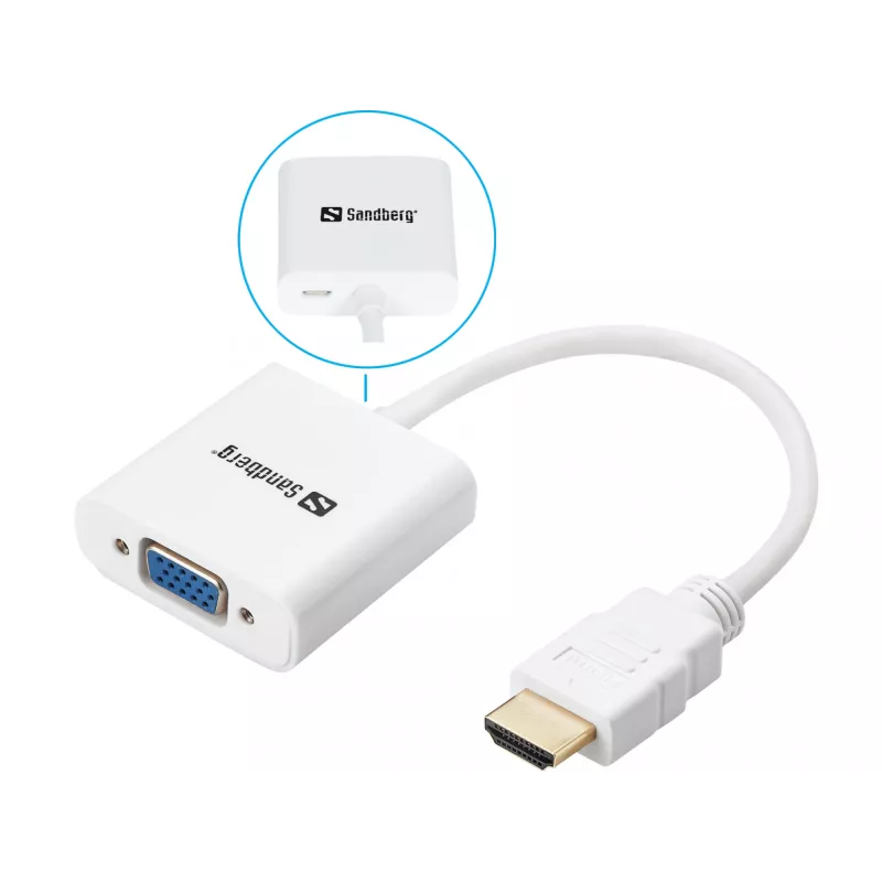 Sandberg HDMI į VGA keitiklis, VGA (D-Sub), HDMI Type A (Standartinė), Vyriška, Moteriška, Balta, RoHS