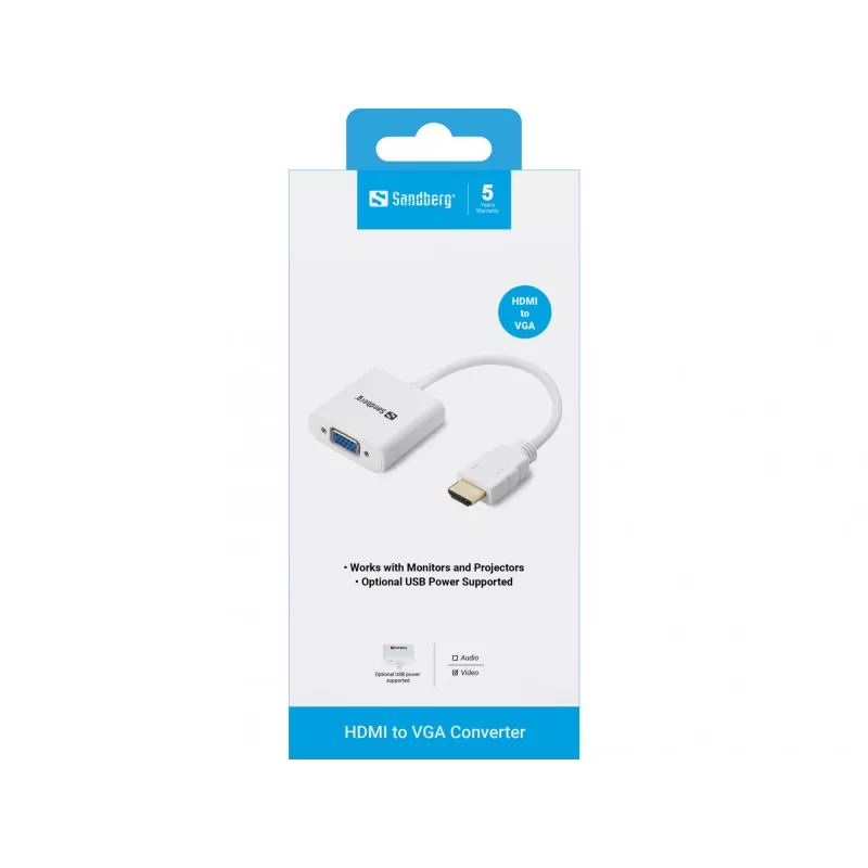 Sandberg HDMI į VGA keitiklis, VGA (D-Sub), HDMI Type A (Standartinė), Vyriška, Moteriška, Balta, RoHS