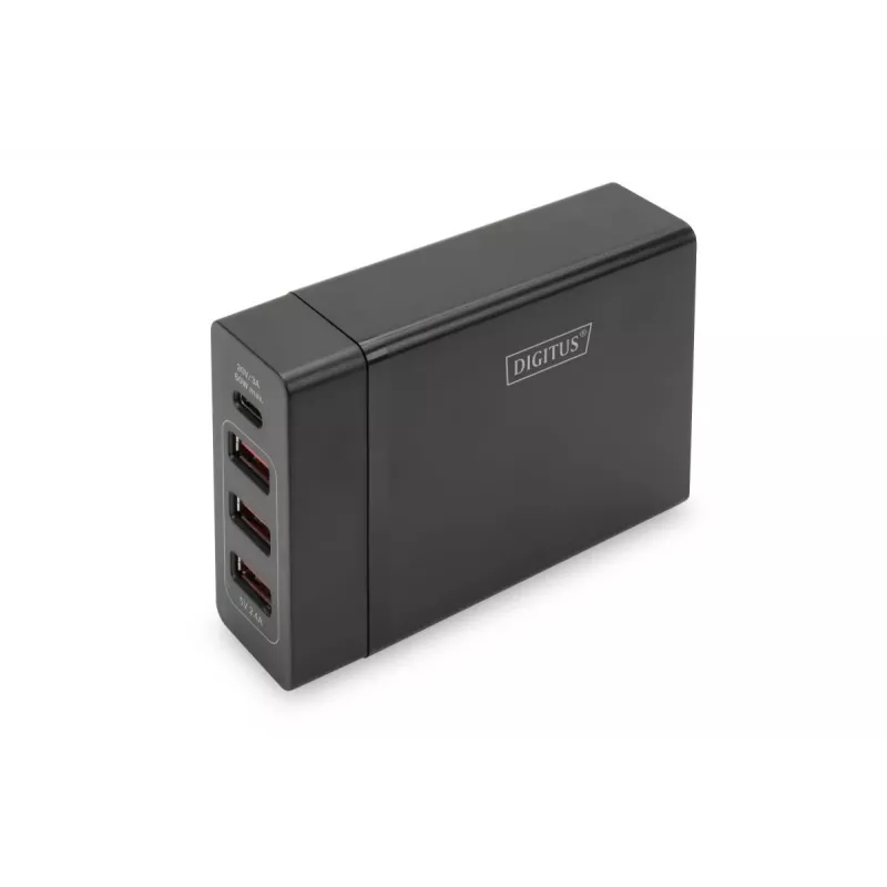 DIGITUS 4 prievadų USB kroviklis, 72 W 1x USB-C (PD) 5,9,15,20 V / 3 A, 3x USB-A 5 V / 2,4 A, juodas