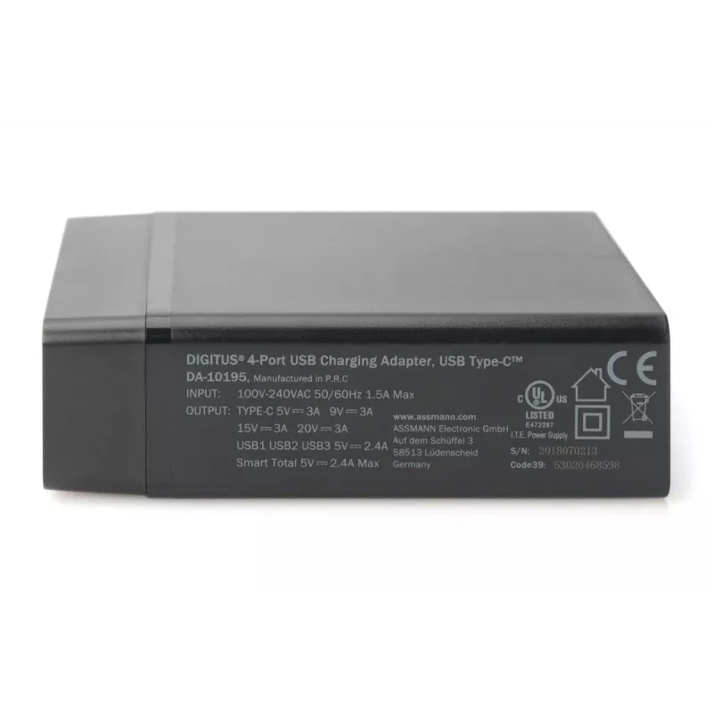 DIGITUS 4 prievadų USB kroviklis, 72 W 1x USB-C (PD) 5,9,15,20 V / 3 A, 3x USB-A 5 V / 2,4 A, juodas